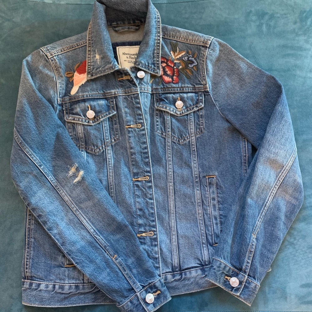 Abercrombie & Fitch Blue Jean Jacket with Floral Embroidery